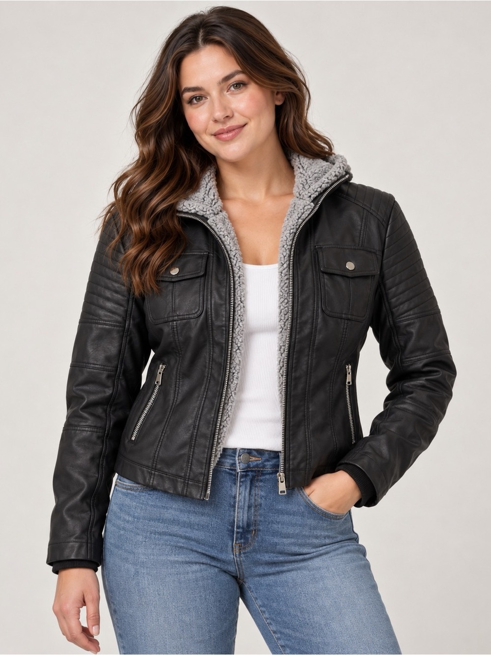 Black Faux Leather Moto Jacket with Gray Sherpa Trim